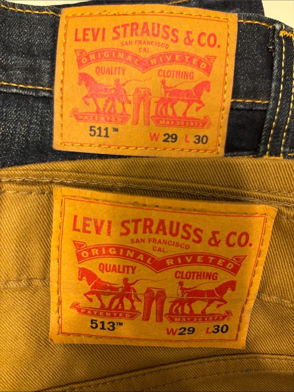 511 & 513 Levi's Slim Straight Jeans in Dark Blue Denim and Khaki Size 29x30